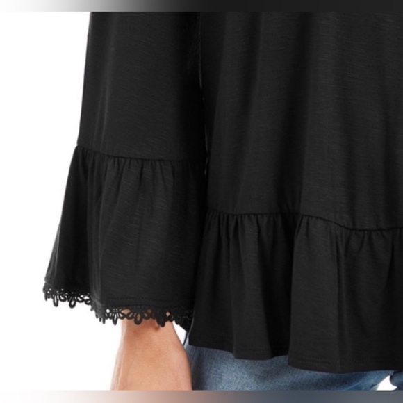 NWT Style & Co Petite Off The Shoulder Lace Trim Black Ruffled Top Size Small - Picture 12 of 15